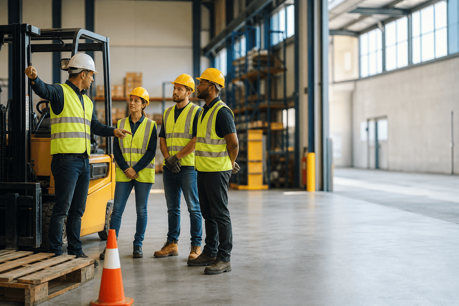 Forklift trainer teaching a small group in a bright warehouse training floor