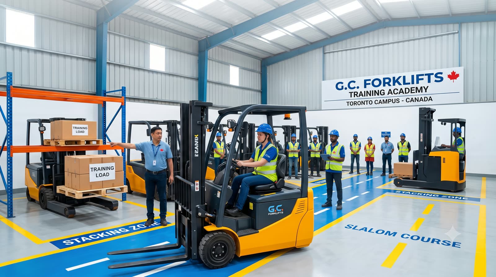 Operators training on counterbalance and reach forklifts at the GC Forklifts training floor